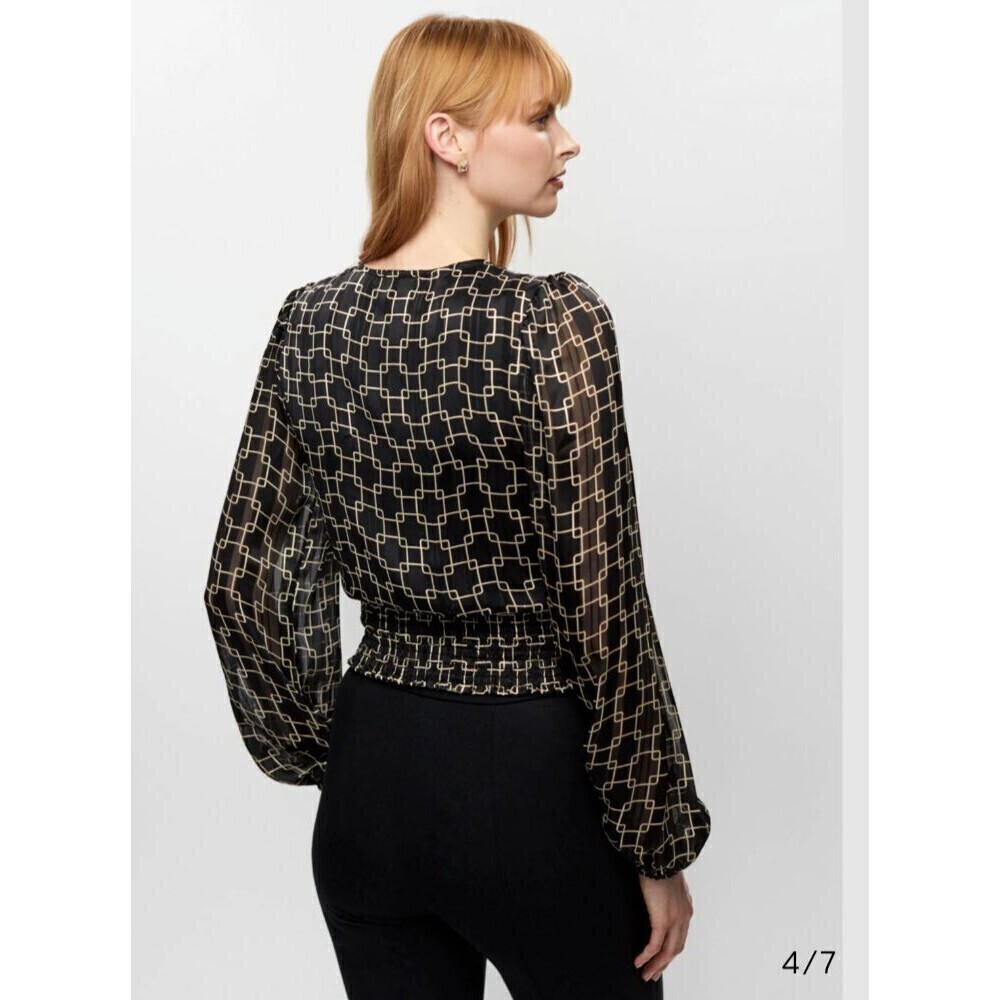 HAVER LONDON Black/Gold Geo Chains VNeck Elastic Cuffs Ruched Waist Blouse Top